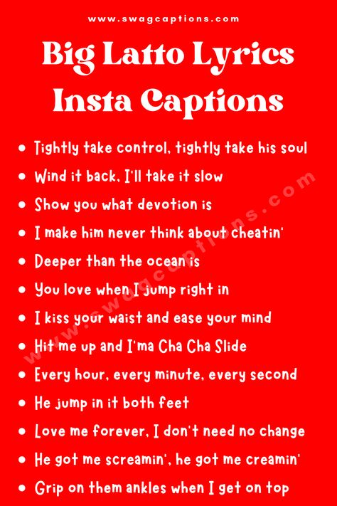 Spice up your Instagram captions with the hottest Big Latto lyrics! This article features the best Big Latto quotes from songs like "Bitch From Da Souf" and "Muwop" for IG caption inspo. #biglatto #raplyrics #instagramcaptions #songlyrics #musicquotes #captionideas #igcaptions #captioninspo #instacaptions #socialmediatips #pinstripes #womeninrap Big Latto Lyrics, Big Latto Quotes, Latto Lyrics Caption, Big Latto Captions, Big Latto Lyrics Captions, Latto Lyrics, Snoop Dogg Lyrics, Quotes From Songs, Spice Up Your Instagram