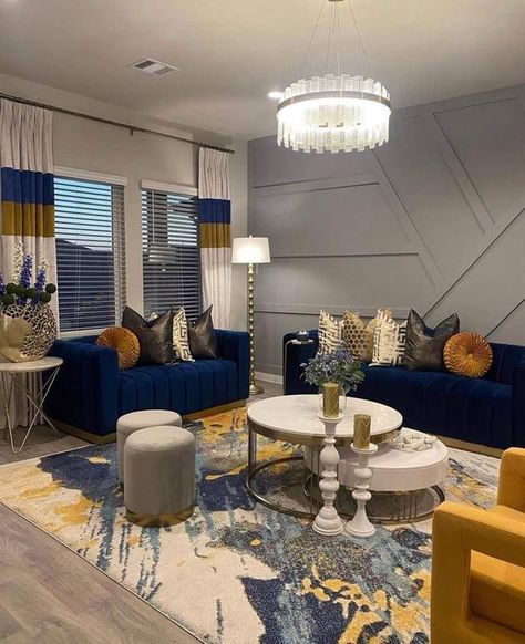 Blue And Gold Living Room, Gold Living Room Decor, Apartment Decorating Living, Gold Living, Luxury Living Room Decor, Blue Living Room Decor, Elegant Living Room Decor, Gold Living Room, Glam Living Room