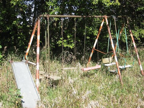 Had a swing set just like this (well not LIKE that) when I was little. When I'd get going real fast the legs of the swing set would lift up. Lol Nostalgia Aesthetic, Metal Slide, Rusted Metal, Those Were The Days, Trailer Park, The Swing, Swing Set, 90s Kids, Do You Remember