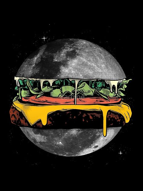 "Moon Burger" by carbine | Redbubble Space Burger, 70s Theme, Grafic Design, Moon Light, Tapestry Throw, Hardcover Notebook, Long Hoodie, Hardcover Journals, Wood Print