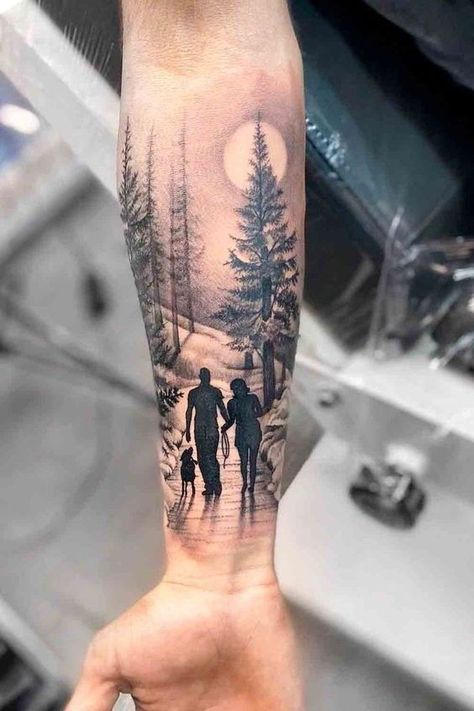 Outdoor Tattoo, Father Daughter Tattoos, Nature Tattoo Sleeve, Family Tattoo Designs, Realistic Tattoo Sleeve, Men Tattoos Arm Sleeve, Stylish Tattoo, Landscape Tattoo, Forearm Sleeve Tattoos