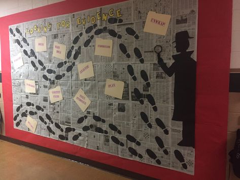 Detective Theme Bulletin Board, Mystery Library Bulletin Board, Detective School Theme, Mystery Theme Classroom, Investigation Decoration, Mystery Book Fair Theme, Detective Theme Decorations, Mystery Bulletin Board Ideas, Mystery Classroom Theme