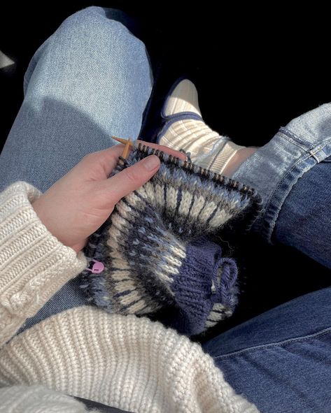 Made a start on my next knitting project. The @petiteknit celeste sweater. My first time knitting fair isle and my trickiest piece yet! I’m using @sandnesgarn Peer Gynt for the yarn 🧶 #petiteknit #celestesweater Knitting Inspiration Aesthetic, Knit Inspo Aesthetic, Aesthetic Knitted Things, How To Knit Fair Isle For Beginners, Cozy Handmade Knit Sweater, Aesthetic Knitting Ideas, Knitting Starting, Knitted Aesthetic, Crocheting Aesthetic