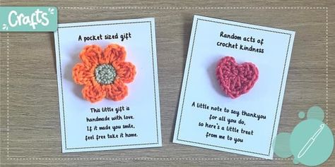 Small gestures can turn someone's whole day around! Receiving a Random Acts of crochet Kindness pocket-sized gift along with a heart-warming message is a thoughtful way to show someone you care and appreciate them. This Random Acts of Crochet Kindness craft pack includes two crochet patterns for how to make a little flower and a little heart and a message template for you to attach your kindness crochet. There are illustrated, easy-to-follow instructions for the two crochet patterns found in o Random Acts Of Kindness Crochet Ideas, Random Acts Of Kindness Crafts, Random Acts Of Crochet Kindness Free Patterns, Crochet Acts Of Kindness, Acts Of Kindness Crochet, Kindness Crochet, Kindness Craft, Random Acts Of Crochet Kindness, Crochet Kindness