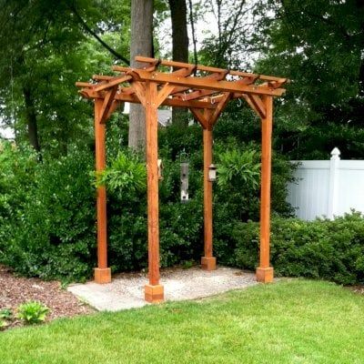 Small Garden Pergola Kit (Options: 8' L x 6' W, No Privacy Panels, California Redwood, 9 ft Post Height, 4-Post Anchor Kit for Stone, No Curtain Rods, No Decorative Trims, Transparent Premium Sealant). Photo Courtesy of James C. of Alexandria VA. Wooden Gazebo Kits, Small Garden Pergola, Pergola Decorations, Flat Inspiration, Free Standing Pergola, Garage Pergola, Small Pergola, Retractable Shade, Garden Pergola