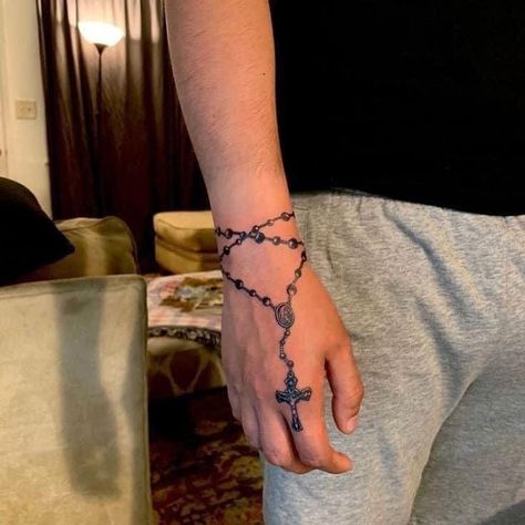 Rosery Beads Tattoo, Rosary Tattoo Ideas, Rosary Ankle Tattoos, Rosary Tattoo Arm, Rosary Tattoo Wrist, Chain Tattoos, Rosary Tattoo On Hand, Cross Tattoo On Hand, Tattoos On Arm