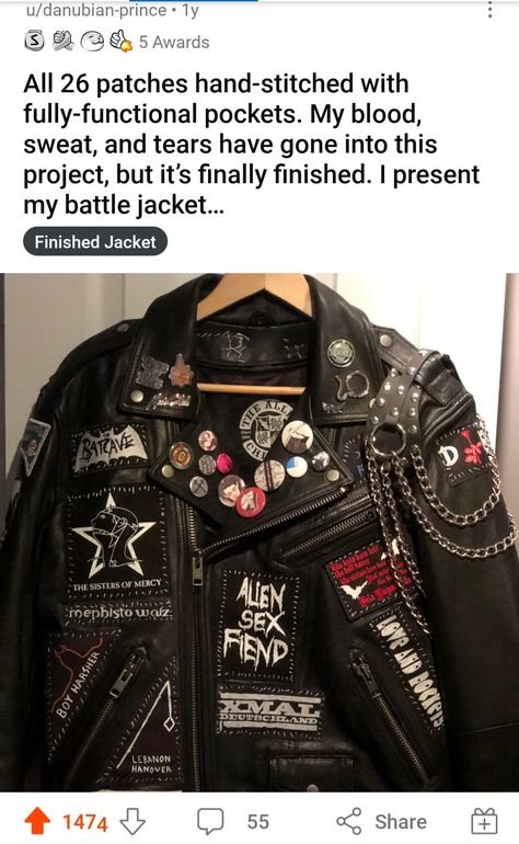 Patches Leather Jacket, Leather Jacket Punk Diy, Leather Jacket Battle Vest, Battle Vest Embroidery, Trad Goth Battle Jacket, Punk Outfits For Women Summer, Goth Jean Jacket Outfit, Diy Punk Jacket Ideas, Punk Band Outfits