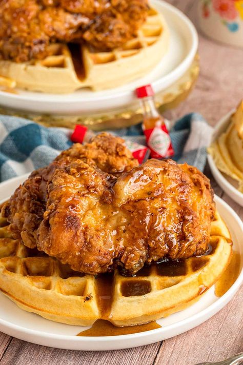 Southern Fried Chicken and Waffles - Cooked by Julie Chicken And Waffles Recipe, Dinner Ideas Chicken, Bourbon Maple Syrup, Fried Chicken Strips, Maple Syrup Recipes, Buttermilk Waffles, Fried Chicken And Waffles, Waffle Ingredients, Crispy Waffle