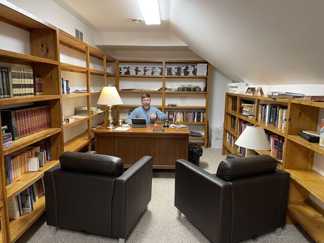 Pastor Study Office, Pastors Study Office, Pastor Office, Pastors Office, Reading Stations, Home Office Cabinets, Youth Pastor, Visual Style, Cool Room