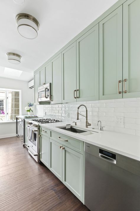 Laura-Kitchen-3 Light Green Kitchen, Mint Green Kitchen, Mint Kitchen, Patio Remodel, Green Kitchen Cabinets, Park Slope, Classic Kitchen, Green Cabinets, Galley Kitchen