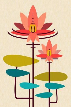 Mid-Century Modern Wall Art: Prints & Paintings | Art.com Lotus Modern Art, Airbnb Styling, Relax Drawing, Punch Pano, Gouache Portrait, Scandinavian Artwork, Scandinavian Heritage, Blazing Star, Plants Illustration