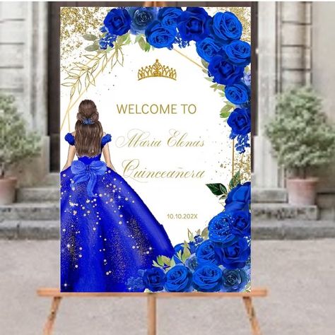 Royal Blue Gold Quinceañera Welcome Sign Floral, Princess Tiara, Mis Quince XV Guest Poster DIY Editable Template Printable Instant Download - Etsy Romania Quinceanera Sign, Royal Blue And Gold Quinceanera, Cinderella Quinceanera, Custom Welcome Sign, Outdoor Welcome Sign, Sweet 16 Party, Party Welcome Sign, Poster Diy, Guest Signing