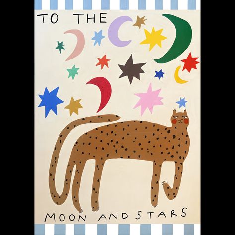 We love this bold and modernist 'To the Moon and Stars' hand painted print. A lively piece with plenty of personality and lots of colour pops, it's the perfect addition to the nursery or playroom. Printed onto high quality 250gsm matt paper, this unique piece has been made in the North East of England. Choose your preferred colourway and size from the dropdown menu and whether you want it framed or not. ANDO LOVES the stripe boarder and hand-painted illustration. ANDO STYLE with a colourful Must Kids Room Illustration, Moon And Stars Art, Baby Room Artwork, Baby Name Art, Nursery Illustration, Boy Rooms, Stars Art, Nursery Pictures, Painted Illustration