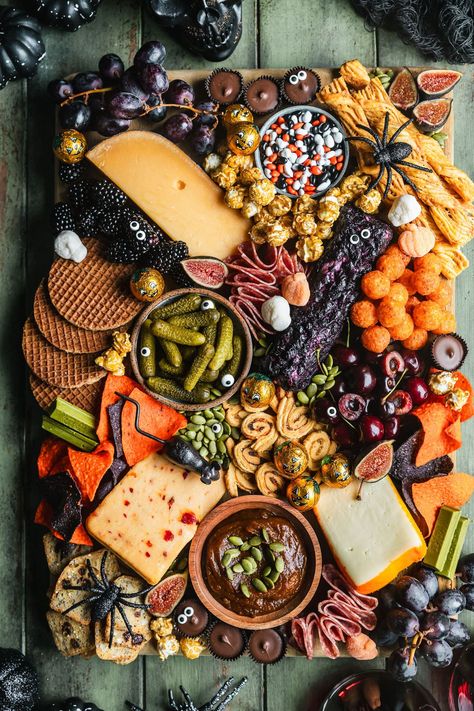 A Spooky Halloween Charcuterie Board • Sunday Table Autumn Charcuterie Board, Autumn Charcuterie, Seasoned Nuts, Snack Board, Cheese Shop, Grazing Tables, Salty Snacks, Halloween Snacks, Cured Meats