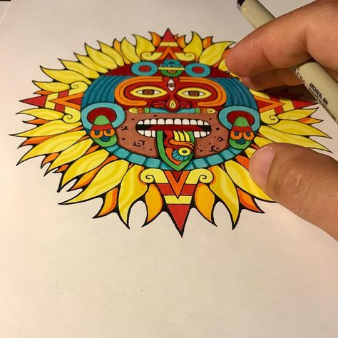 Xochipilli Visions on Instagram: “Sun Flower Tonatiuh 🌻🌞 1/10 sold #xochipillivisions @rahazul” Aztec Tattoo Colorful, Aztec God Drawing, Aztec Sun Art, Aztec Flower, Aztec Costume, Aztec Symbols, Aztec Sun, Aztec Tattoos, Learning Spanish For Kids