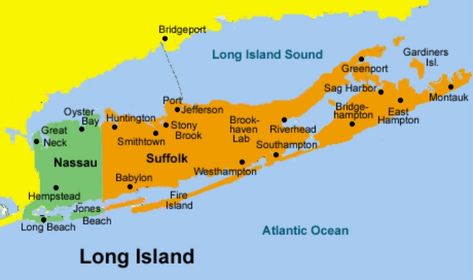 Long Island New York is comprised of two counties – Nassau County and Suffolk County, two cities – Long Beach and Glen Cove, numerous local towns, villages, hamlets, postal zones and designated places. Long Island Map, Long Island Homes, Long Island History, Island Beach House, Island Homes, Island Town, Beach Honeymoon Destinations, Jones Beach, Travel Wishes