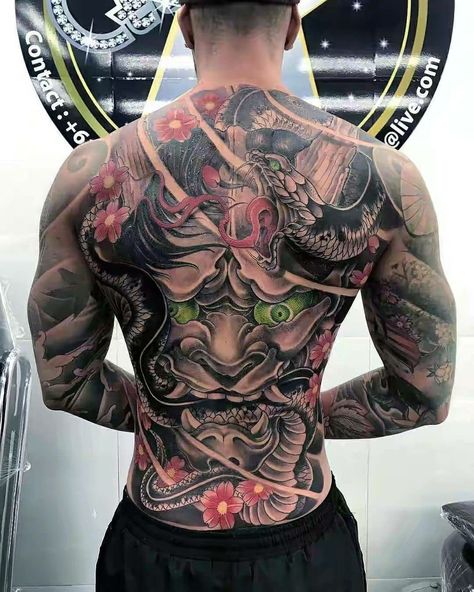 Christus Tattoo, Japanese Back Tattoo, Full Chest Tattoos, Japanese Tattoos For Men, Oni Tattoo, Backpiece Tattoo, Hannya Mask Tattoo, Samurai Mask, Yakuza Tattoo