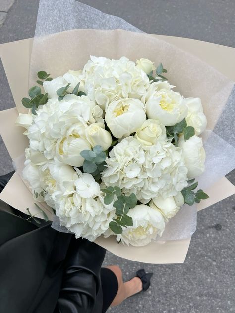 White Rose And White Hydrangea Bouquet, Hydrangea And Rose Wedding Bouquet, Hydrangea In Wedding Bouquet, Bridal Bouquet Tulips Peonies, White Hydrangea Bouquet With Greenery, Hydrangea White Bouquet, White Peony And Hydrangea Bouquet, White Peonies And Hydrangeas Bouquet, Peonies White Bouquet