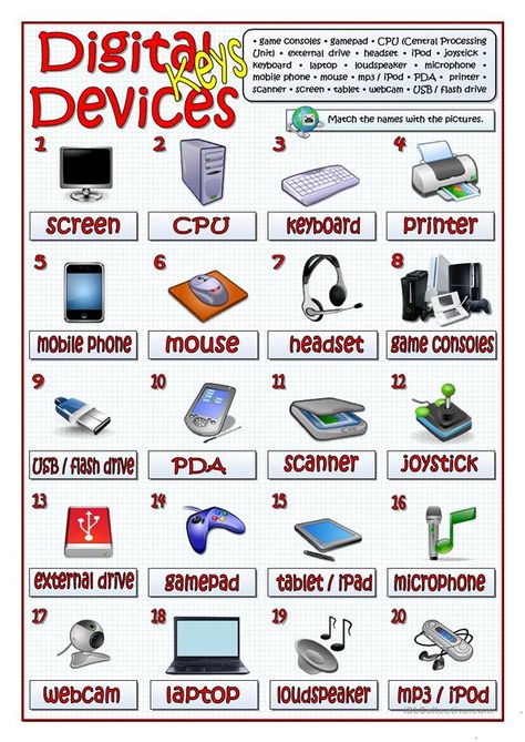 DIGITAL DEVICES worksheet - Free ESL printable worksheets made by teachers Out Put Devices Of Computer, Computer Lab Posters, Specific Heat Capacity, Computer Lab Rules, Technology Vocabulary, School Computer Lab, Computer Lab Lessons, Computer Lab Classroom, Computer Devices