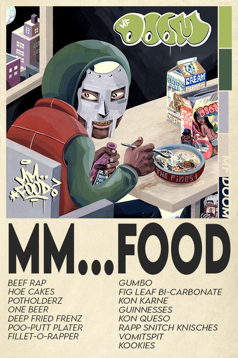 Mmm Food Album Cover, Mm Food Mf Doom, Mf Doom Comic, Mf Doom Albums, Mf Doom Art, Mr Doom, Mad Villain, Mf Doom Poster, Doom Poster