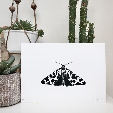 Cow print moth original lino print in black #etsy #lino #print Cow Print Tattoo, Garden Tiger Moth, Bedroom Wall Decoration, Tiger Moth, Linoleum Print, Print Ideas, Abstract Tattoo, Bathroom Art, Lino Print