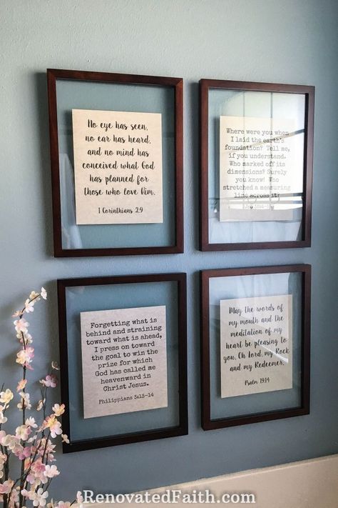 Floating Frames with Easy Wall Art - How to make free Scripture printables.  This DIY decor is great for the bedroom, kitchen, or living room and includes different typography options of Bible verses.  Also cute in for girls room.  DIY wall decor with the words of Jesus.  Easy wall art. #faith #diydecor Easy Wall Art, Free Scripture Printables, Floating Picture Frames, Floating Frames, Diy Living Room Decor, Diy Wand, Paint Modern, Simple Wall Art, Dekor Diy