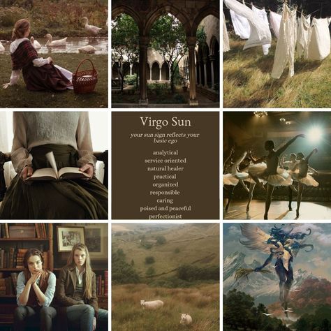 Virgo sun zodiac sign mood board and astrology aesthetic Virgo Home Aesthetic, Virgo Mood Board, Earth Signs Aesthetic, Virgo Mood, Earth Sign Aesthetic, Virgo Earth Aesthetic, Dark Virgo Aesthetic, Virgo Sun, Sun In Virgo