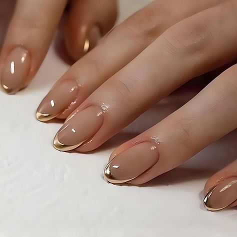 Amazon.com: Gold French Tip Press on Nails Almond Medium Length Fake Nails Golden French False Nail Tips Stick on Artificial Nails Glossy Full Cover Glue on Nails Medium False Nails with Designs for Women 24pcs : Beauty & Personal Care Gold French Tip, French Tip Press On Nails, August Nails, Golden Nails, Cute Short Nails, Short Fake Nails, Nagel Tips, French Manicure Nails, Easy Nails