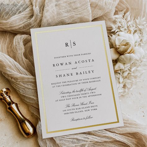 Classic Black & Ecru Border Monogram Wedding Foil Invitation Elegant Timeless Wedding Invitations, Simple Elegant Wedding Invitation, Champagne Wedding Invites, Wedding Invitations Classy, Wedding Invitations Classic, Wedding Invitations Black, Timeless Wedding Invitations, Simple Monogram, Classy Wedding Invitations