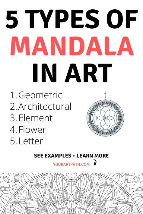 5 Types of Mandala in Art:  Geometric mandala, architectural mandala, element mandala, flower mandala and letter mandala. Click to read more! Mandalas Simple Easy, Mandala Art New Ideas, Learning Mandala Art, Mandala Elements Ideas, Types Of Mandalas, How To Color Mandalas, Geometric Mandala Drawing, How To Create A Mandala, Types Of Mandala Art