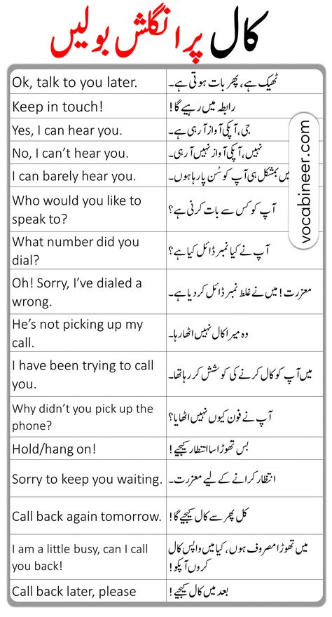 Phone Call English Sentences with Urdu Translation Easy English Speaking, Keema Recipe, Simple English Sentences, Basic English Sentences, English Phrases Sentences, Language Urdu, Phrases And Sentences, English Learning Books, English Transition Words