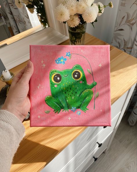 acrylic painting. adorable little frog. painting canvas. children's illustration. cute character. baby frog. painting for the children's room Cute Frog Paintings On Canvas, Frog Canvas Painting Easy, Frog Painting Acrylic Easy, How To Paint A Frog, Frog Painting Ideas On Canvas, Cute Frog Painting Easy, Frog Painting Ideas, Frog Canvas Painting, Frog Painting Easy