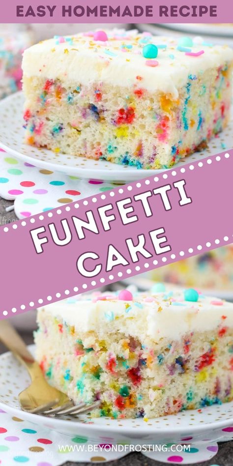 This Homemade Funfetti Cake takes just 20 minutes to prep. It's moist, dense, spongy, packed full of vanilla flavor and sprinkles, and topped off with light and creamy homemade vanilla buttercream frosting! Vanilla Funfetti Cake, Homemade Confetti Cake Recipes, Funfetti Homemade Cake, Best Homemade Funfetti Cake, Single Layer Funfetti Cake, How To Make Funfetti Cake, Diy Funfetti Cake Recipe, Filling For Funfetti Cake, Confetti Cake Recipe Homemade