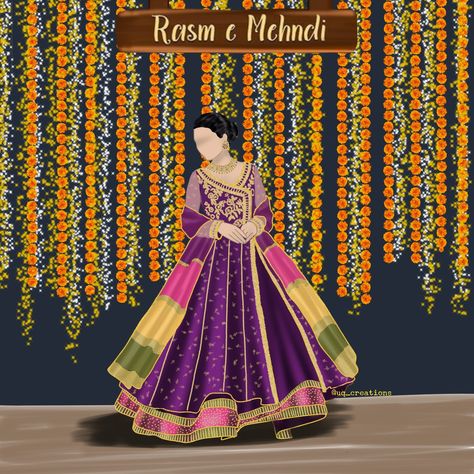 #illustration #mehndi #invitation #digital #bride #card #twirl #wedding Mehndi Bride Illustration, Mehndi Background, Shadi Songs, Wedding Collaterals, Invite Background, Mehndi Invitation, Groom Cartoon, Fancy Wedding Invitations, Cartoon Wedding Invitations