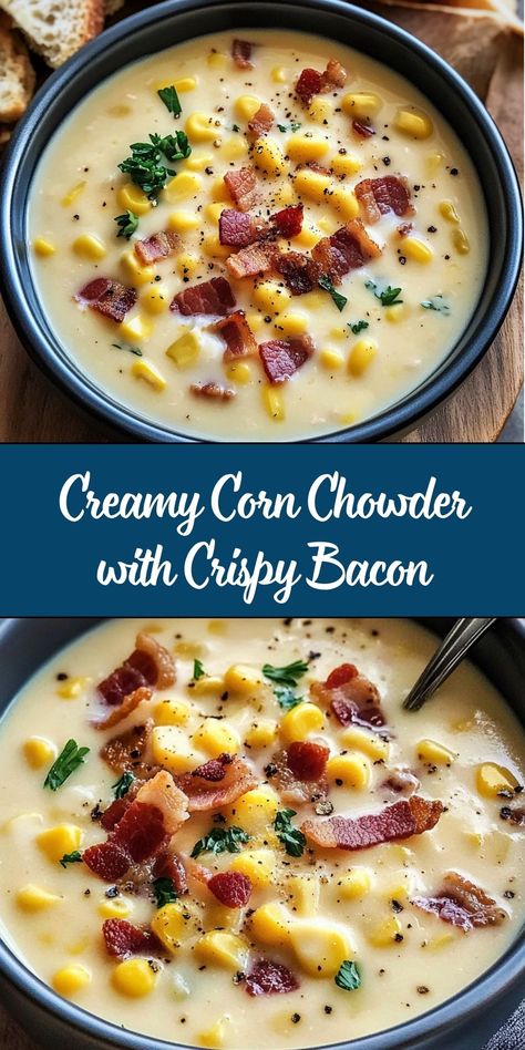 This Creamy Corn Chowder with Crispy Bacon is a rich, hearty, and comforting soup packed with sweet corn, tender potatoes, and smoky bacon. Perfect for chilly nights or cozy family dinners, this chowder is creamy, flavorful, and easy to make in just 30 minutes! Corn Kernel Recipes, Bacon Potato Corn Chowder, Slow Cooker Corn Chowder, Creamy Corn Chowder, Bread For Dipping, Bacon Corn Chowder, Bacon Chowder, Potato Corn Chowder, Spicy Corn