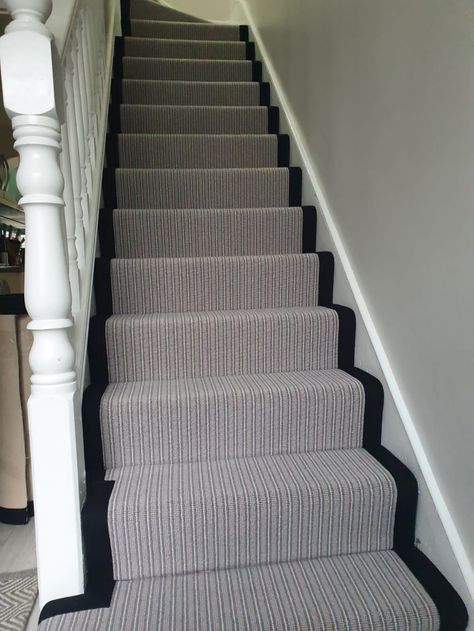 Cormar Carpets Avebury Stanton stripe installation Grey Wallpaper For Stripe Carpet Stairs Wall Hallway, Carpet Stairs Uk, Stark Carpet Stair Runner, Grey Striped Stair Carpet, Grey And White Fleck Stair Carpet Uk, Carpet Stairs, Stairs, Carpet, Flooring