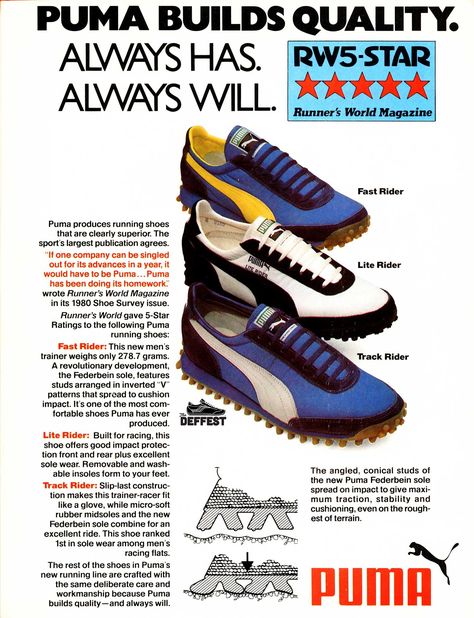 Puma 1980 vintage sneaker ad featuring the Fast Rider, Lite Rider and Track Rider models @ The Deffest Puma Ads, Puma Poster, Puma Ad, Vintage Sports Clothing, Old Nikes, Nike Waffle Racer, Football Trainer, Sneaker Posters, Puma Running Shoes