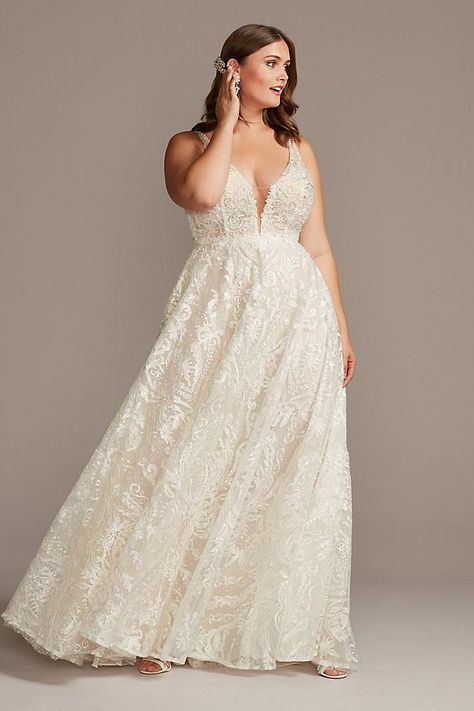 Crystal Bead Double Strap Plus Size Wedding Dress | David's Bridal Wedding Dresses Ball Gown With Sleeves, Davids Bridal Plus Size, Polynesian Wedding, Kim Wedding, Beaded Corset, Vowel Renewal, Wedding Burgundy, Plus Wedding Dresses, Plus Size Wedding Dress