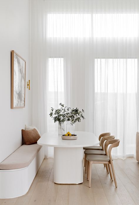 We love how the natural light gently filters through the sheer curtains ☀️  This project by @haausdesign features our sheer curtains in the fabric Allusion, colour Snow.  📷 @the.palm.co #interiordesign #diycurtains #diysheers Seating In Kitchen, Bench And Table, Banquette Seating In Kitchen, Palm Springs Home, Seating Ideas, Dinning Room Design, Booth Seating, Alfresco Area, Behind The Camera