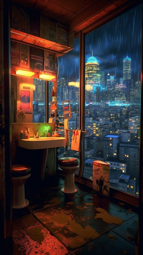 #Cyberpunk Bathroom with a City View #zicxa #images, #background Cyberpunk Bathroom, Beautiful Houses Inside, Cyberpunk Apartment, Cyberpunk Room, Cardboard Cupcake Stand, Dessert Tower, Cyberpunk Cityscape, Pixel Game, Game Style