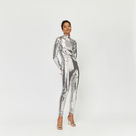 Sequin Catsuit, Silver Jumpsuits, Silver Outfit, Black Jumpsuits, Silver Outfits, Denim Jumpsuits, Color Burst, Metal Clothing, Pink Jumpsuit