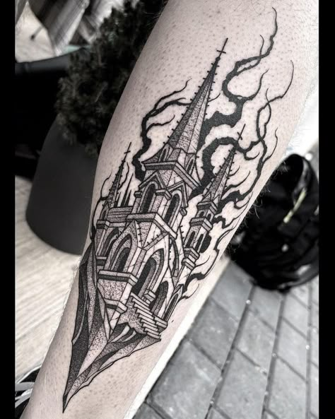 Gothic Mansion Tattoo, Spooky Castle Tattoo, Castle Leg Tattoo, Crumbling Castle Tattoo, Gothic Castle Tattoo Design, Burning Cathedral Tattoo, Medieval Castle Tattoo, Haunted Castle Tattoo, Gothic Building Tattoo