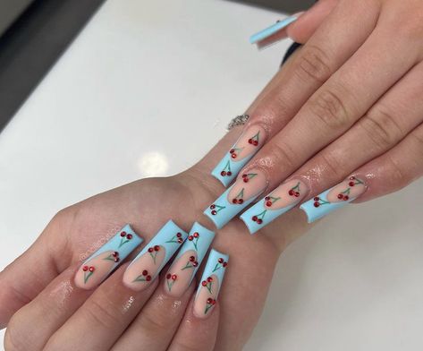 Cherry Long Acrylic Nails, Cherry Nail, Blue French Tip, Blue French Tips, Anime Nails, Cherry Nails, Blue Acrylic Nails, Blue French, Short Square Acrylic Nails