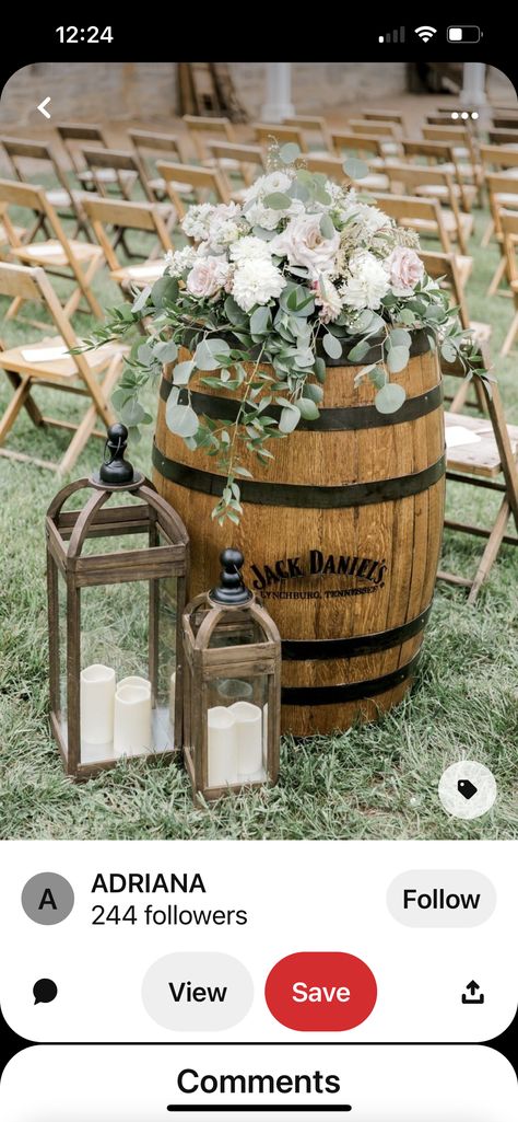 Whiskey Barrel Arrangements, Flowers On Whiskey Barrel Wedding, Wedding Barrel Flowers, Barrel Top Flower Arrangements, Whiskey Barrel Unity Ceremony, Barrel Tables Wedding, Oak Barrel Wedding Decor, Whiskey Barrel Wedding Flowers, Diy Wine Barrel Flower Arrangement