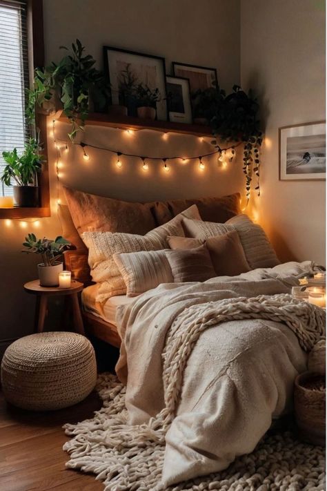 Boho cozy bedroom with natural elements and eclectic touches. Cute Cheap Bedroom Ideas, Small Rustic Room Ideas, Dark Boho Decor Bedroom, Cozy Boho Aesthetic, Cute Apartment Aesthetic Bedroom, Cozy Bedroom With Lights, Light Room Asthetics, Peaceful Apartment Aesthetic, Decorate Small Bedroom Ideas