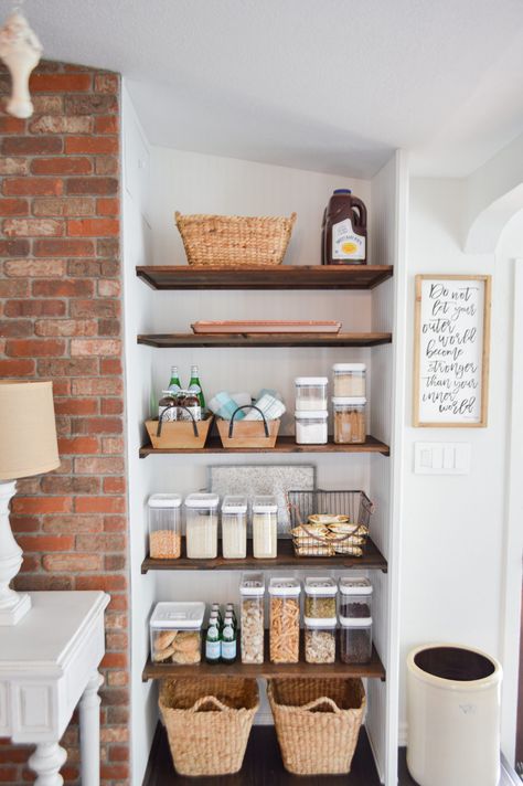 DIY Open Pantry Makeover + Organizing and Storage Ideas - Cottage kitchen with open shelves - #sponsored #bhg #pantry #openpantry #pantryideas #organizedpantry #pantrystorage Organiser Cucina, Open Pantry, Before After Kitchen, Small Cottage Kitchen, Desain Pantry, Kitchen Diy Makeover, Pantry Makeover, Diy Kitchen Renovation, Diy Pantry