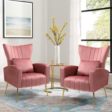 PRICES MAY VARY. ELEGANT LUXURY DESIGN: Mid-century modern accent arm chair along with elegantly ergonomic curved classic wing back silhouette; velvet upholstery with vertical channel detail along with rich gold finished tapered legs DIMENSIONS & ASSEMBLY: Overall Size: W28 in x D31 in x H38 in; Seat Size: W20 in x D20 in x H17 in; Back Height: 24 in. Easy to assemble, one person can finish it within 15 minutes COMFORTABLE SEATING: Human body engineering high wing back support; upholstered in ex Velvet Accent Chairs, Seating Room, Velvet Wingback Chair, High Back Armchair, Velvet Living Room, Luxury Furniture Living Room, Accent Chair Set, Apartment Studio, Apartment Goals