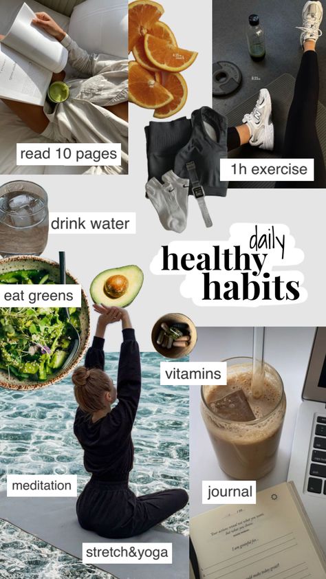 this #healthy #habits will change your life #selfcare #aesthetic #collageart #vanillagirl #cleangirl #vibes #wallpaper #beauty #green #meditation #yoga #stretch #fyp #mood #books #vintage #nature Gym Outfit Inspo, Healthy Habits Motivation, Fitness Vision Board, Healthy Lifestyle Habits, Vision Board Inspiration, Healthy Lifestyle Motivation, Health Habits, Healthy Girl, Healthy Lifestyle Inspiration