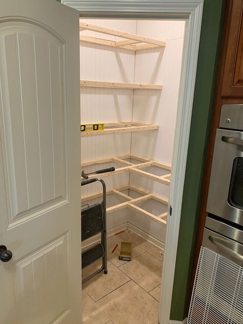 Angled Pantry Shelves, Pantry Closet Shelving Ideas Corner, Small Pantry Measurements, Kitchen Pantry Different Color, Farmhouse Open Pantry Ideas, Kitchen Remodel With Corner Pantry, Kitchen Pantry Shelf Ideas, Kitchen Small Pantry Design, Before And After Pantry Makeover