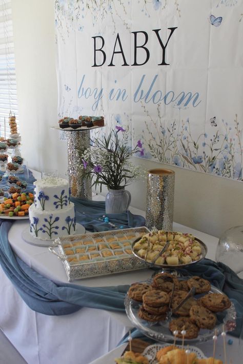 Tea Party Themed Baby Shower Ideas Boy, Second Boy Baby Shower Ideas, Baby Boy Spring Shower Ideas, Spring Boy Baby Shower Themes, Baby In Bloom Boy Baby Shower Theme, Baby Shower Themes For Boys Spring, April Boy Baby Shower Ideas, March Baby Shower Ideas Boy, Baby In Bloom Boy Shower Ideas Blue